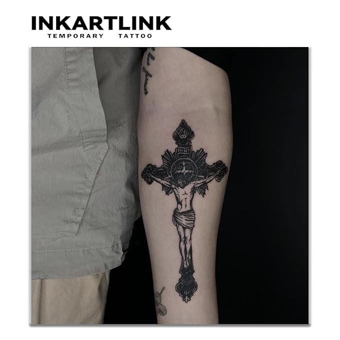 INKARTLINK Tattoo Tech,2 Sheets Extra-Large Semi Permanent Tattoo, Adult Art Design Temporary Tattoos, Lasts 1-2 Weeks, Waterproof, Realistic look, No Adhesive, No reflection (Christian Cross Design?