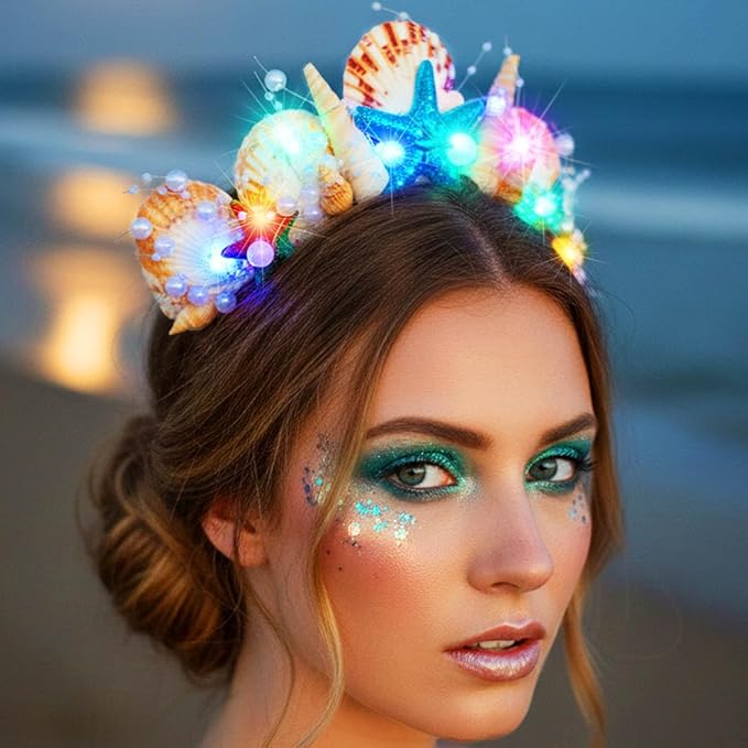 Kilshye Light Up Mermaid Crown Starfish Tiara Shell Beach Headband Hair Accessories for Women