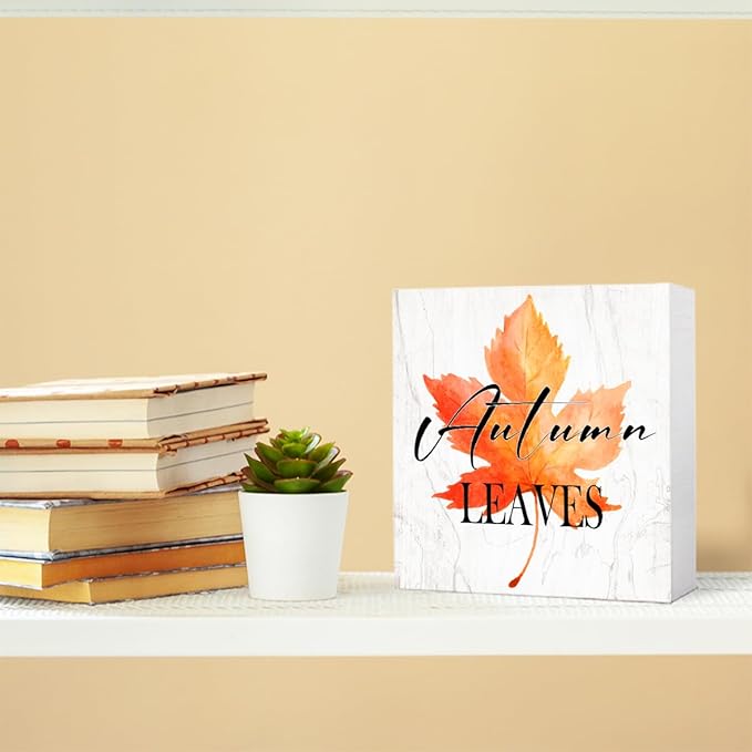 Funny Autumn Maple Leaves Wood Box Sign Autumn Leaves Wooden Block Desk Decor for Home Office Kitchen Cubicle Table Shelf Tabletop,Farmhouse Fall Sign Decor