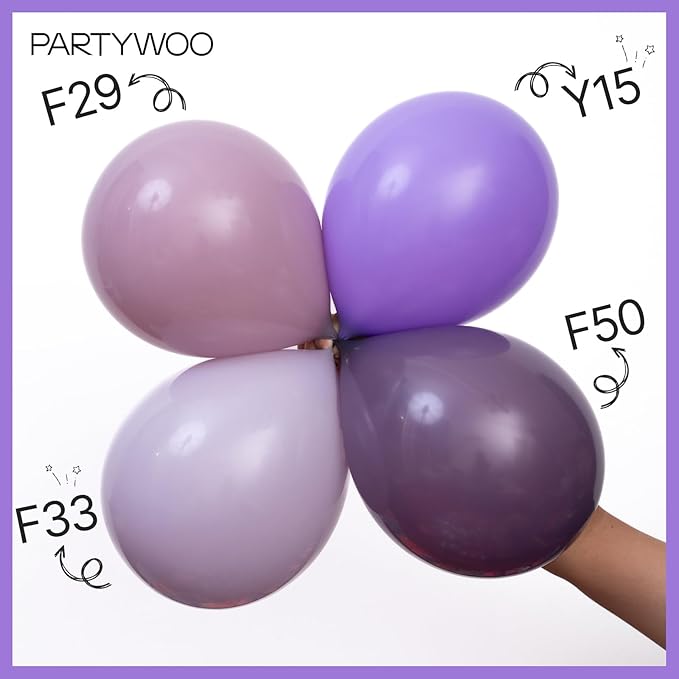 PartyWoo Dusty Purple Balloons 100 pcs Different Sizes of 18 12 10 5 Inch Matte Lavender Lilac Latex Helium Balloon Arch Kit Garland for Wedding Baby Shower Birthday Party Decorations Purple-F33