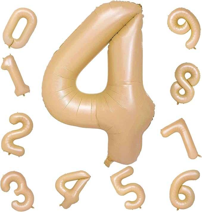 Nude Balloon Number 4, 40 Inch Large Self Inflating Brown Foil Number Balloons 0-9, Giant Apricot 4 Digital Helium Balloon for 4th 14th Girls Boys 40th Women Men Birthday Party Celebration Decorations