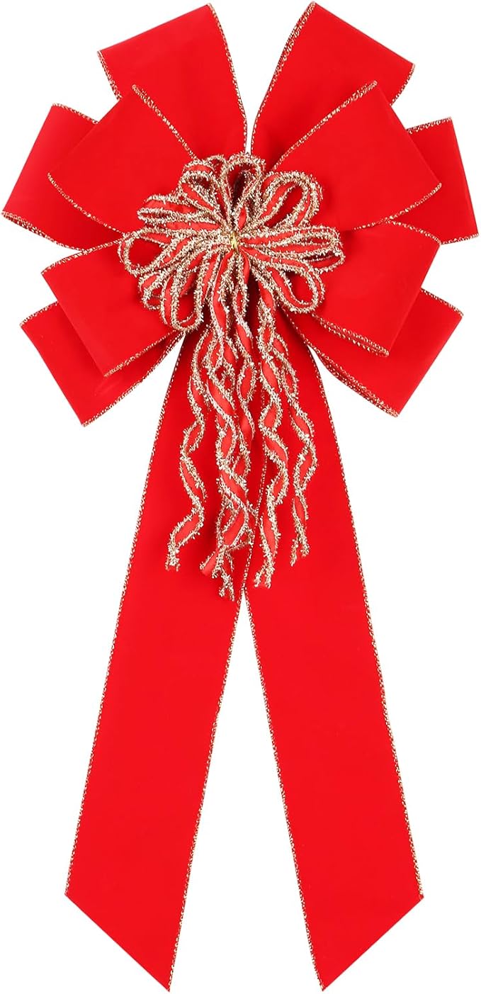 Super Holiday Red Christmas Bows, 20”x10.5” Large Velvet Christmas Tree Topper Ornaments for Xmas Tree Decorations, for Home Front Door Wreath Bow Indoor Outdoor Party Decor.