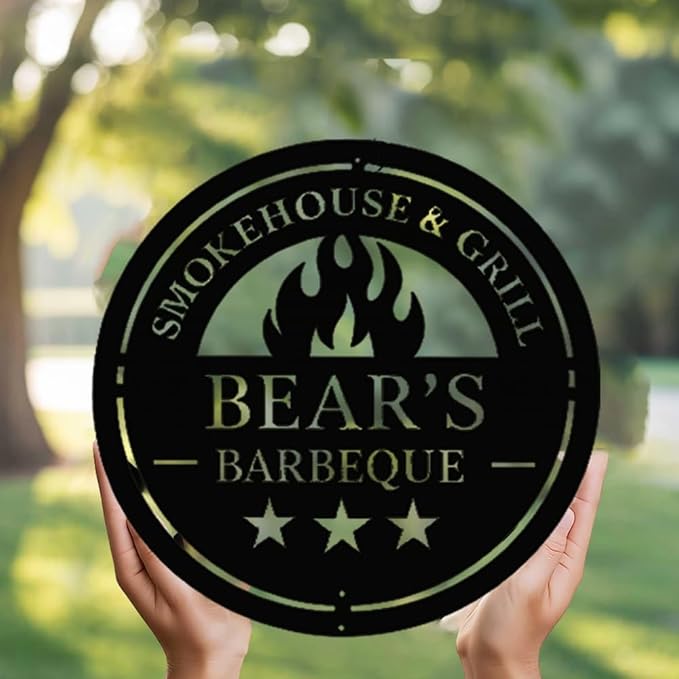 Custom Smokehouse and Grill Metal Sign , Personalized Barbeque Wall Art for Backyard, Outdoor Kitchen, Patio, Man Cave , BBQ Grill Sign, Rustic Bar Decor, Unique Housewarming Gift for Dad, Grandpa, Husband