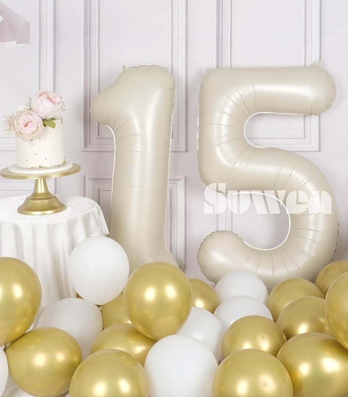 SUWEN 40 Inch Cream White Large 15 Number Balloons Big Foil Helium Number Balloons 0-9 Jumbo Happy 15th Mylar Birthday Party Decorations for Boy or Girl 51 Anniversary Party Supplies