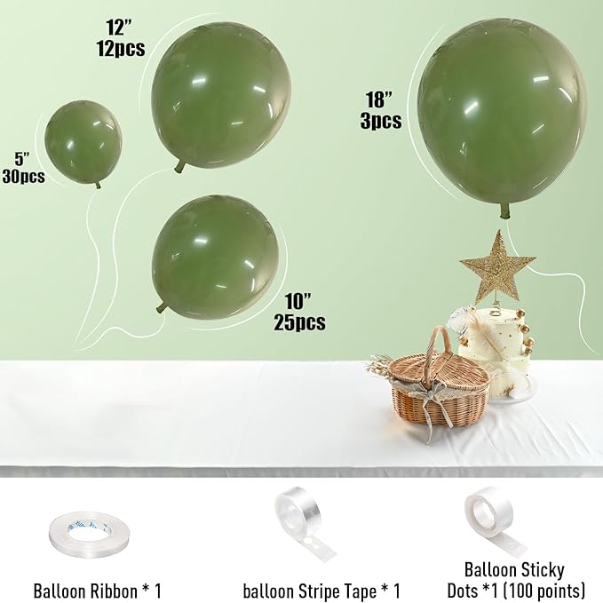 Double Stuffed Sage Green Balloons, Retro Olive Green Balloon Garland Kit Different Sizes 18/12/10/5 Inch Avocado Eucalyptus Green Latex Balloon Arch Kit for Jungle Safari Birthday Party Decorations