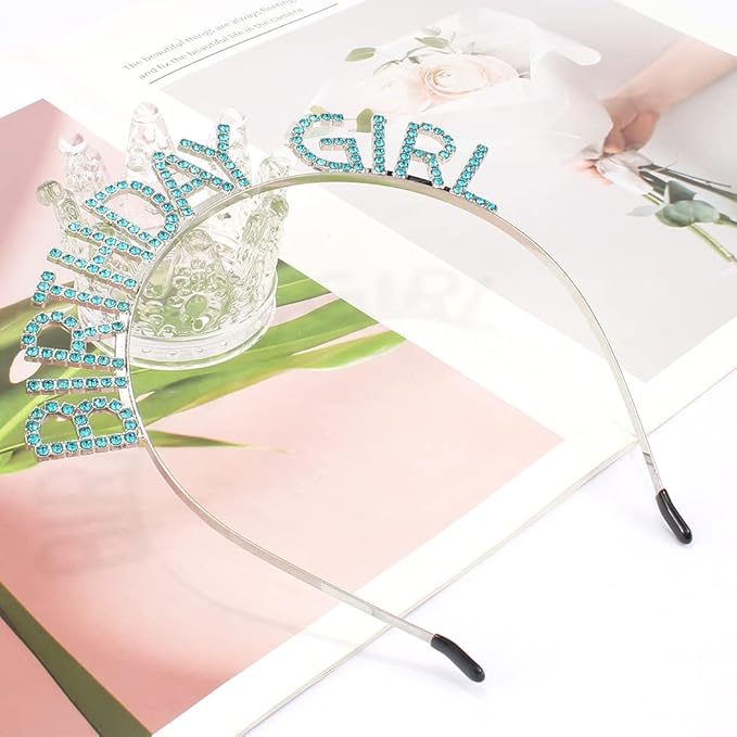 AOPRIE Hairband Birthday Tiara for Women Girls Happy Birthday Princess Crown Rhinestone Accessories, Silver Blue