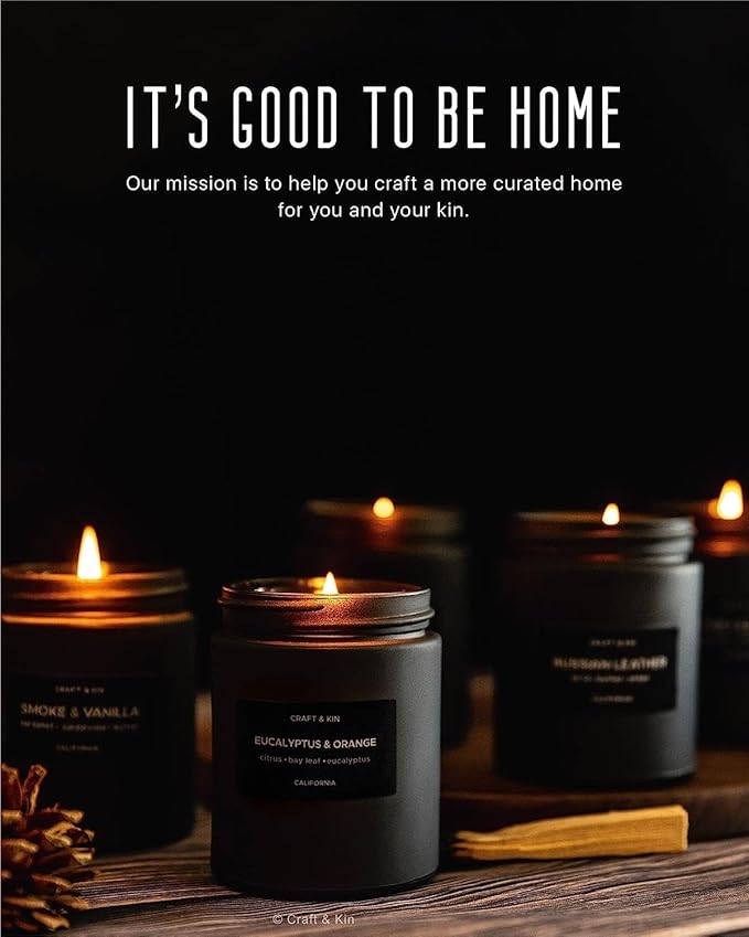 Craft & Kin Premium Orange & Eucalyptus Candle | Black Christmas Scented Candles for Home | Long Lasting with 45 Hour Burn Time, 7.6oz | Soy Holiday Candle | Aromatherapy at Home | Gifts for Men