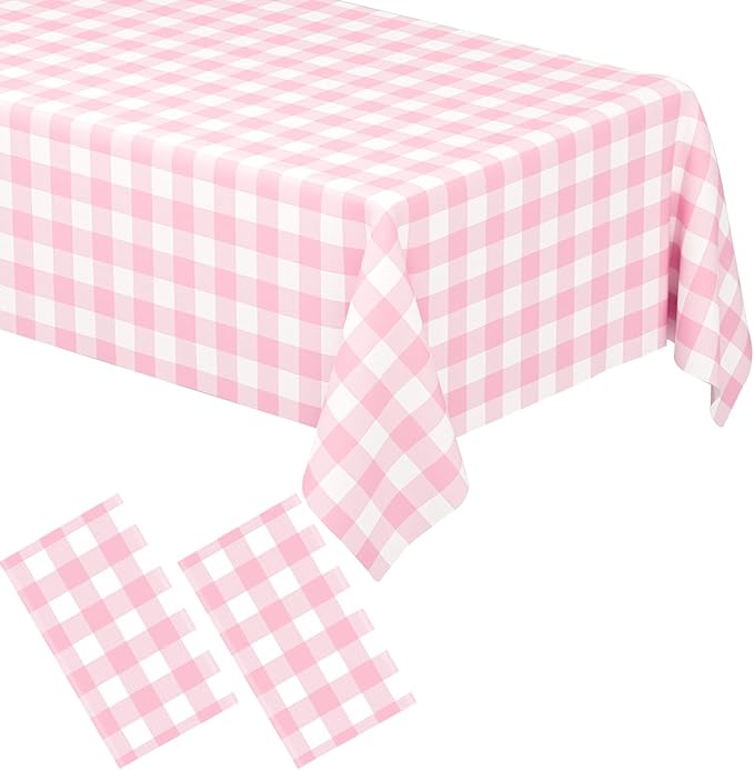 2 Pack Pink Gingham Tablecloth Rectangular Pink and White Checkered Tablecloths Disposable Plastic Pink Plaid Table Cover for Parties, Outdoor Picnic, Birthday, Wedding, Camping 54 × 108 Inch