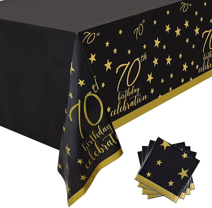 Gatherfun 70th Birthday Disposable Tablecloth 4 Pack Gold and Black Waterproof Plastic Table Cover for Men Woman 70 Birthday Party Decorations