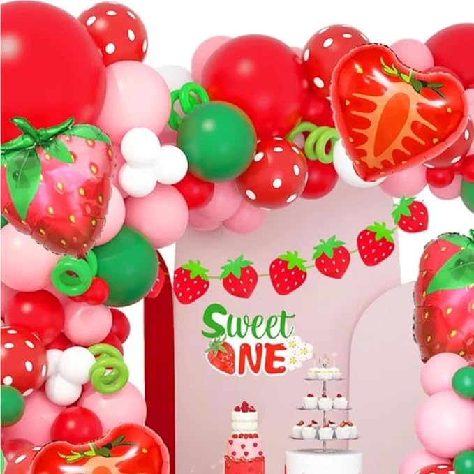 Strawberry Balloons Garland Arch Kit, 156Pcs Berry Sweet Tender Pink Red Dark Green White Balloons for Fruit Themed Birthday Party Baby Shower Decorations