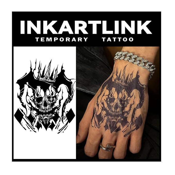 INKARTLINK Tattoo Tech, 2 Sheets Large Semi Permanent Tattoo, Adult Art Design Temporary Tattoos, Lasts 1-2 Weeks, Waterproof, Realistic Look, No Adhesive, No Reflection (Joker King Design)