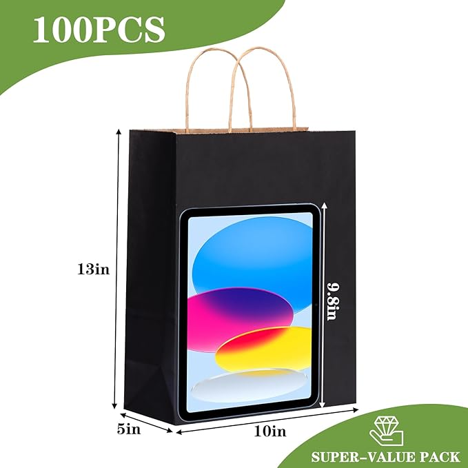OUTUXED 100pcs Black Paper Bags 10x5x13in Kraft Large Paper Gift Bags with Handles Bulk for Business, Shopping, Grocery, Retail, Birthday Wedding Party Favor, Merchandise
