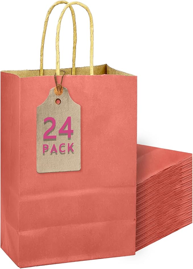 qiqee Rose Red Gift Bag with Handles Bulk 24Pcs Paper Bags -10.6"x8.3"x4.3"Party Favor Bags - Solid Color