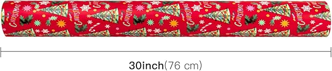 WRAPAHOLIC 30 Inch Jumbo Reversible Christmas Wrapping Paper - 30 Inch x 100 Feet Jumbo Roll Red Christmas Tree Wrapping Paper and Stripe Design for Holiday, Party Celebration