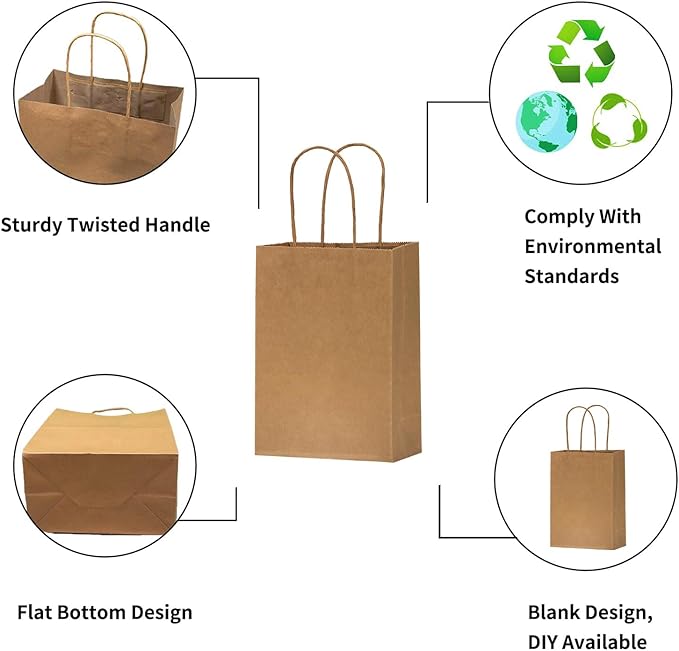 FACEBAG 100-Pack 5.25x3.25x8 Inches Small Gift Bags with Handles, Kraft Brown Paper Bags with handls bulk for Party Favors，Birthday shopping & Retail，Reusable & Durable