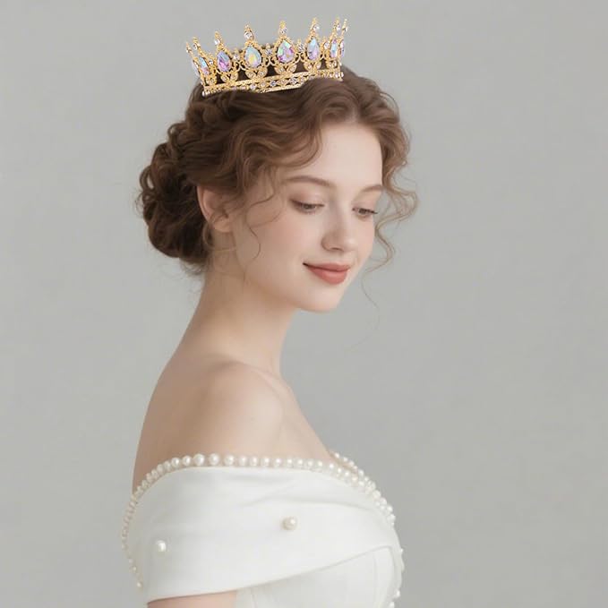 AB Gold Crown for Women Crystal Tiara and Queen Crown for Girl Wedding Headband for Bride Hair Accessories for Costume Birthday Party Cake Decoration Prom