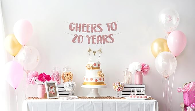 Cheers to 20 Years Rose Gold Glitter Banner - 20th Anniversary and Birthday Party Decorations