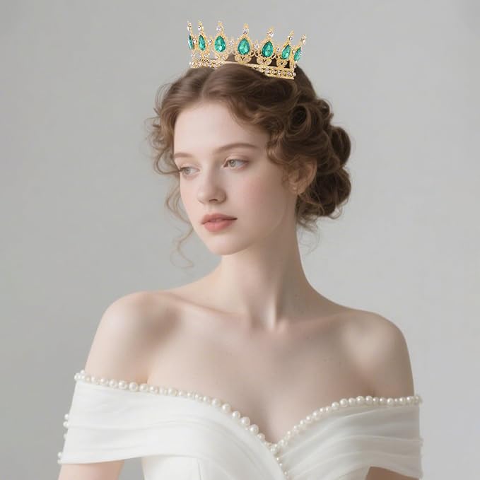 Green Crown for Women Crystal Tiara and Queen Crown for Girl Wedding Headband for Bride Hair Accessories for Costume Birthday Party Cake Decoration Prom
