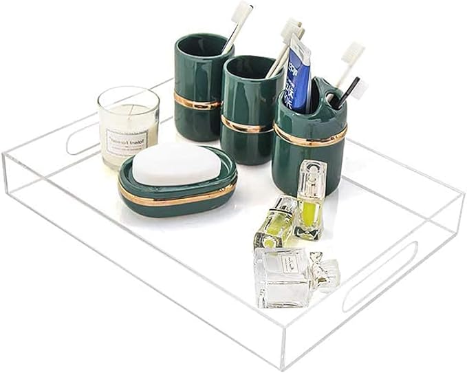 Durable Rectangular Breakfast Serving Tray - 5MM Thick Waterproof Acrylic Serving Platter with Handles for Coffee, Tea, Food - Elegant Decorative Tray (Clear Tray-16''x12'')