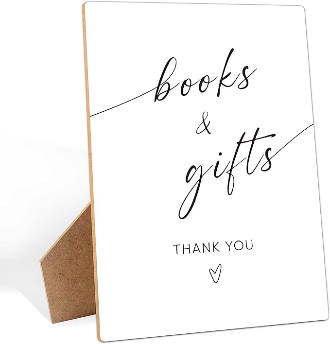 Books and Gifts Sign for Baby Shower Decorations, 8×11 Inches Gift Table Wooden Sign With Stand, Gender Neutral Tabletop Decor for Gender Reveal Party, Baby Shower Favor Supplies