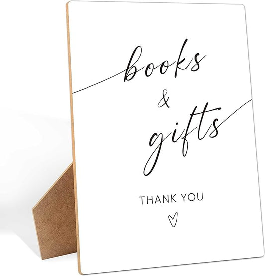 Books and Gifts Sign for Baby Shower Decorations, 8×11 Inches Gift Table Wooden Sign With Stand, Gender Neutral Tabletop Decor for Gender Reveal Party, Baby Shower Favor Supplies