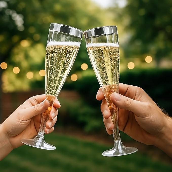Oojami 100 Plastic Classic Champagne Disposable Flutes for Parties Plastic cups Wedding Party Toasting Cocktail Cups Bulk Party Pack (Silver Rim)