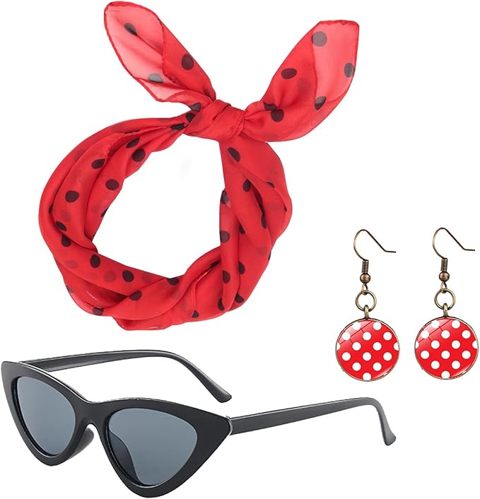 50s Chiffon Scarf,Cat Eye Glasses,Bandana Tie Headband,Drop Dot Earrings