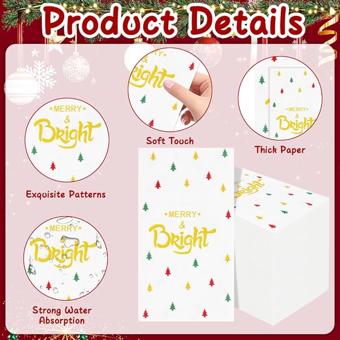 100 PCS Christmas Napkins Disposable Christmas Paper Napkins Decorative Chrismas Dinner Napkin Christmass Cocktail Napkins Xmas Holiday Napkin Guest Hand Towel for Xmas Party Dinner Kitchen Bathroom