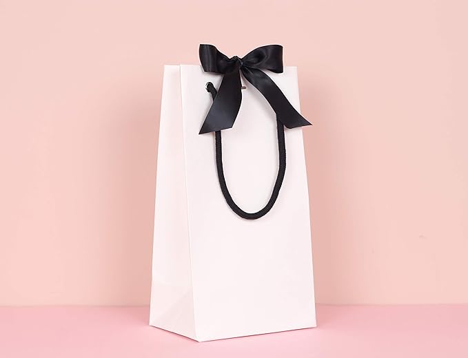 PAPERIST 8pcs Elegance White Gift Bag with Black Satin Bows Ribbon, Sturdy Durable Thick Gift Bag, Gift bag for Wedding, Christmas, Birthday Party, Bridal Shower, Baby Shower