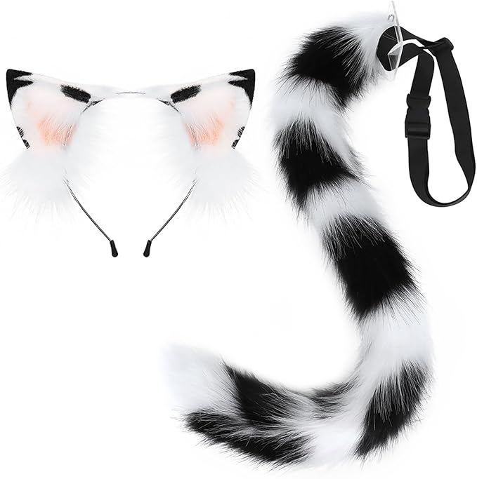 QinRuan Animal Cosplay Costume Accessories Furry Faux Fur Cat Ears Headband and Fox Tail Set Halloween Accessory