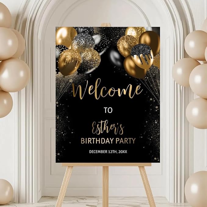 Birthday Welcome Sign, Black and Gold Glitter Balloons Birthday Party, Welcome Sign Template, customized birthday yard signs, birthday decorations, birthday Sign