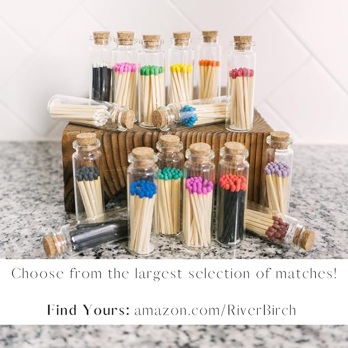 River Birch Forest Green Tip Decorative Matches | 120+ Small Premium Wooden Safety Matches | 6 Bottles of 20+ Matches Each with Striker on Bottom | Home Decor