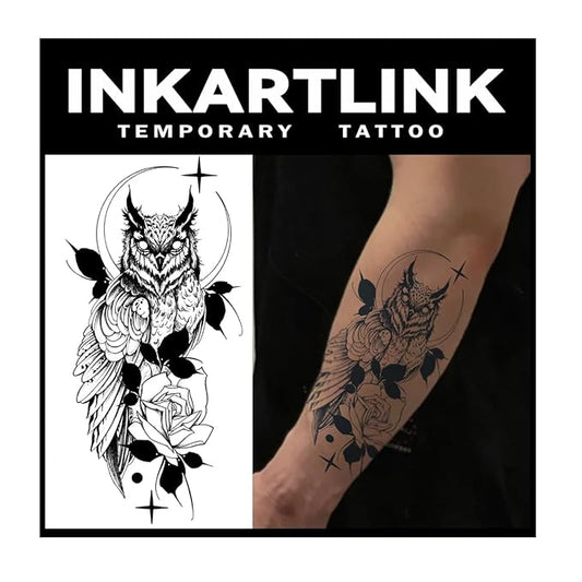 INKARTLINK Tattoo Tech,2 Sheets Extra-Large Semi Permanent Tattoo,Adult Art Design Temporary Tattoos, Lasts 1-2 Weeks, Waterproof, Realistic look, No Adhesive, No reflection (Owl Design）
