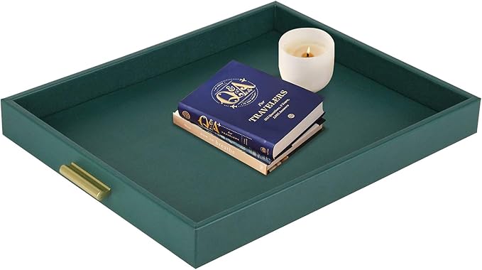 HofferRuffer Extra Large Serving Tray with Handles, Elegant Faux Leather Storage Decorative Tray for Coffee Table, Ottoman, Console Table (Green Tray+Golden Handle)