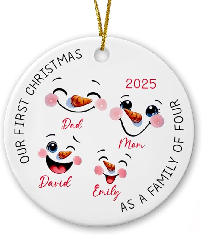 Personalized Our First Christmas As A Family of Four 2025 Ornament - Family of 4 Snowman Face Xmas Keepsake - Custom Names Snowman Family Christmas Tree Gift for Dad Mom Kids