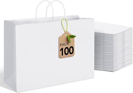 MESHA White Large Paper Bags 16x6x12 Inch 100 Pack Kraft Shopping Gift Bags with Handles Bulk for Small Business, Party, Recycled