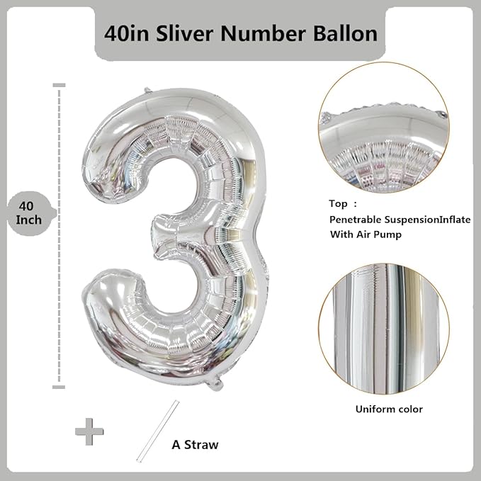 40 inch Silver Number Balloon Giant Foil Helium Balloons Silver Number 3 Balloon for 3rd Birthday Party Anniversary Decorations Supplies
