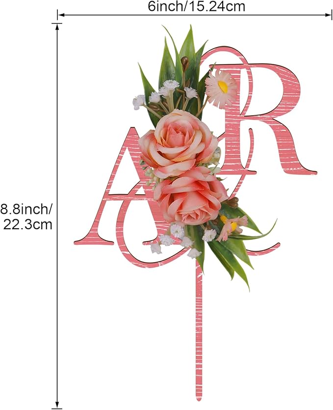 Wedding Cake Topper with 3D Artificial Flowers and Green Leaves Custom Initials Personalized Wooden Anniversary Cake Decoration (Pink)