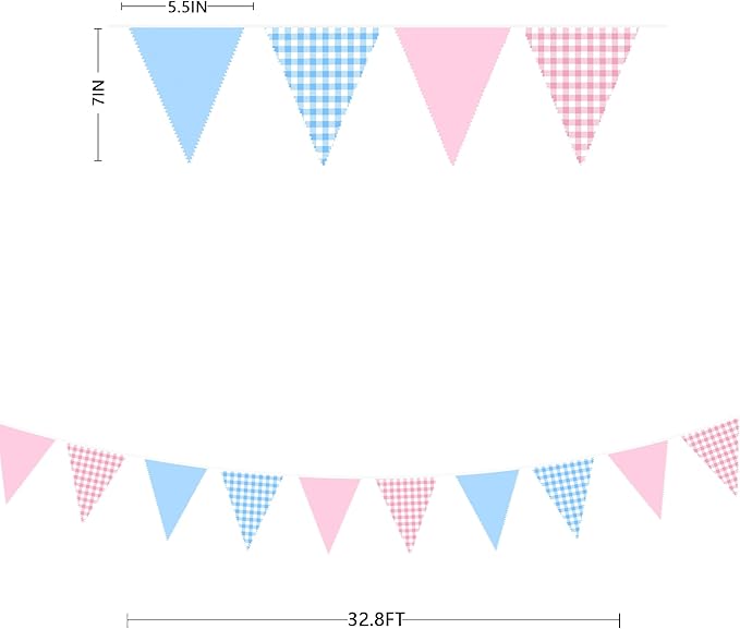 32Ft Pink Blue Gingham Party Decorations Blue Pink Gingham Fabric Triangle Banner Flag Plaid Pennant Garland Streamer for Gender Reveal Birthday Boy or Girl Baby Shower He or She Party Decor Supplies