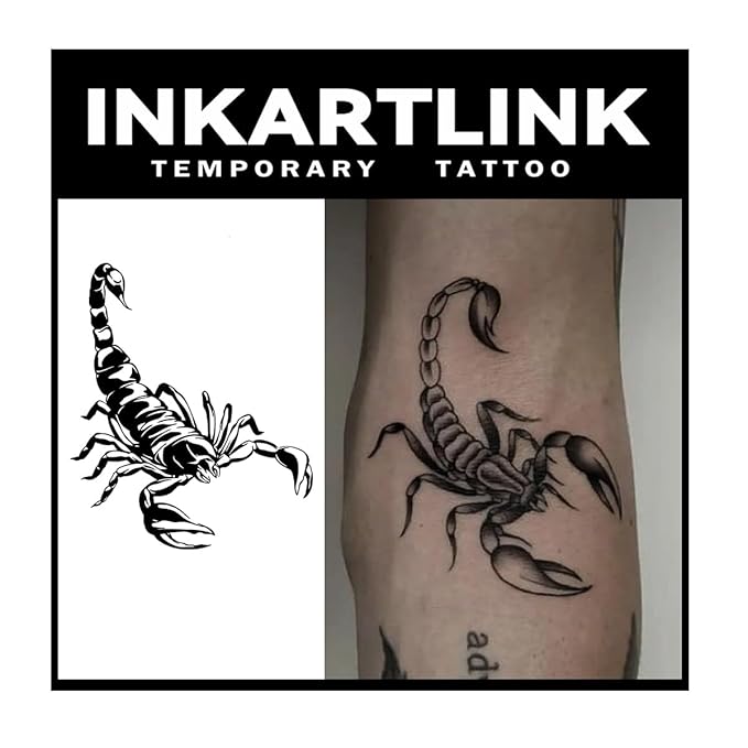 INKARTLINK Tattoo Tech, 2 Sheets Medium Semi Permanent Tattoo, Adult Art Design Temporary Tattoos, Lasts 1-2 Weeks, Waterproof, Realistic Look, No Adhesive, No Reflection (Scorpion Design)