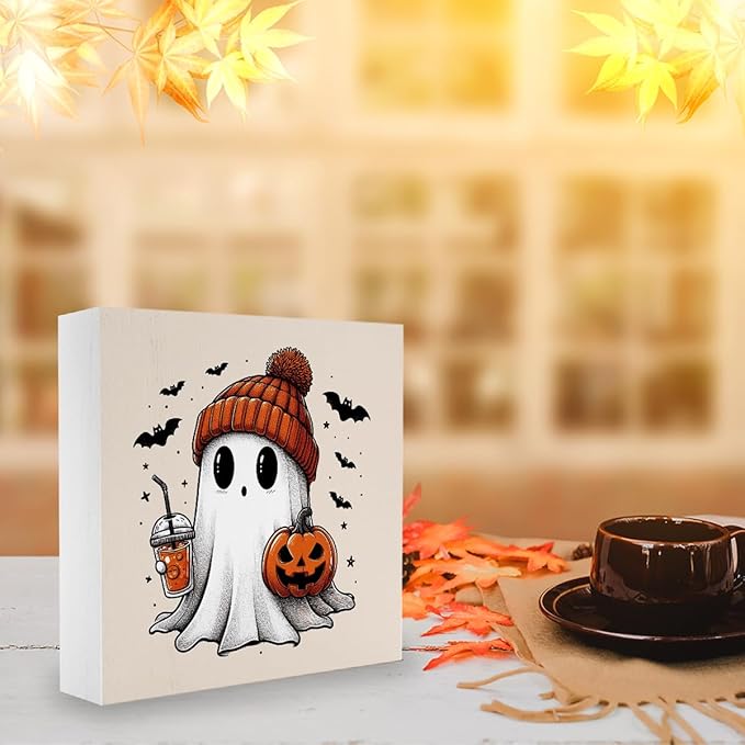 Cute Boo Fall Decor Halloween Fall Decorations Autumn Pumpkin Decor for Home Office Spooky Ghost Halloween Autumn Decorations for Desk Table 5 x 5 inches