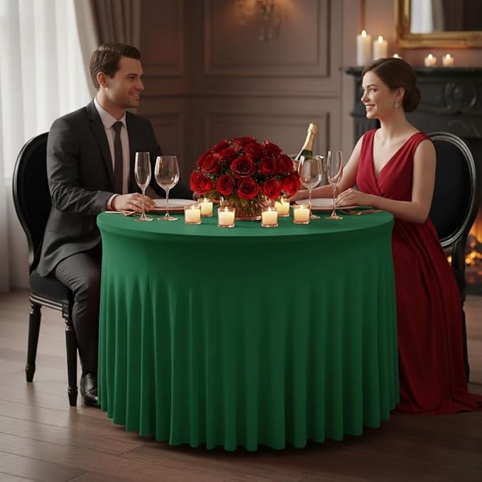 HolidayIdeas 6 Pack Hunter Green Spandex Table Skirts for 60 Inch Round Tables, Fitted Covers for Christmas Receptions