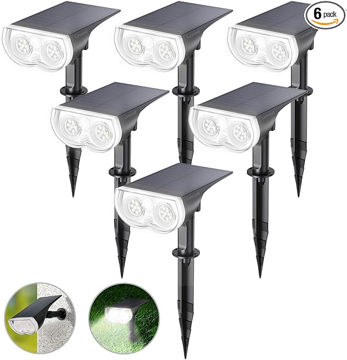 Linkind Solar Lights Outdoor Waterproof IP67, StarRay Dusk-to-Dawn Outdoor Solar Lights, 3 Lighting Modes Solar Spot Lights Outdoor for Garden, Yard, Landscape (Daylight, 6 Pack)