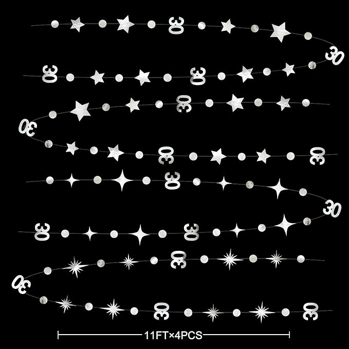 Silver 30th Birthday Decorations Number 30 Circle Dot Twinkle Star Garland Metallic Streamer Banner Backdrop for Mens Womens Happy Dirty Thirty Cheers to 30 Years Old 30th Anniversary Party Supplies
