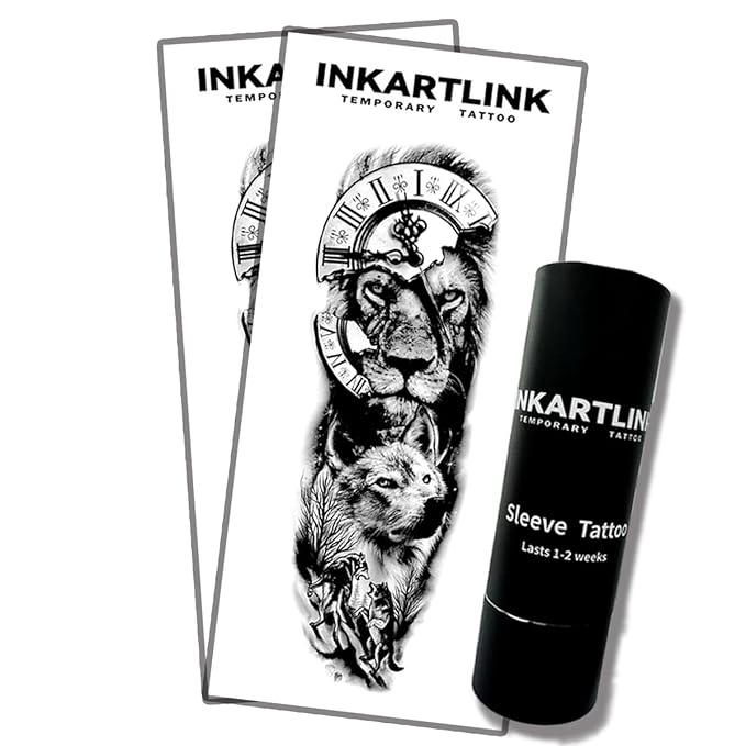 INKARTLINK Semi Permanent Tattoo, 2 Pieces Full Arm Large Size Art Party Tattoos, Comes with a Pair of Anti-Transfer Sleeves, Lasts 7-15 Days, Waterproof and Anti-Reflective (Lion, Wolf, Clock)
