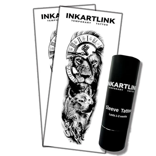 INKARTLINK Semi Permanent Tattoo, 2 Pieces Full Arm Large Size Art Party Tattoos, Comes with a Pair of Anti-Transfer Sleeves, Lasts 7-15 Days, Waterproof and Anti-Reflective (Lion, Wolf, Clock)