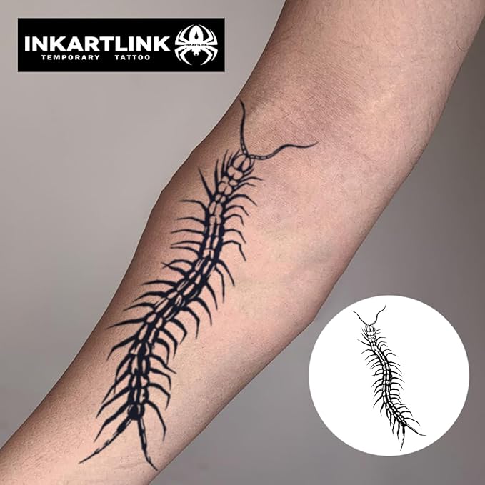 INKARTLINK Tattoo Tech, 2 Sheets Large Semi Permanent Tattoo, Adult Art Design Temporary Tattoos, Lasts 1-2 Weeks, Waterproof, Realistic Look, No Adhesive, No Reflection (Centipede Design)