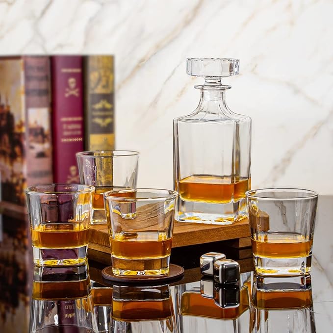 Whiskey Decanter Glasses Set Lead-Free Crystal Glass Scotch Tasting Cups Wine Bottle for Drinking Irish Whisky Bourbon Tequila tumbler (Square, 1 Decanter & 6 Glasses Set)