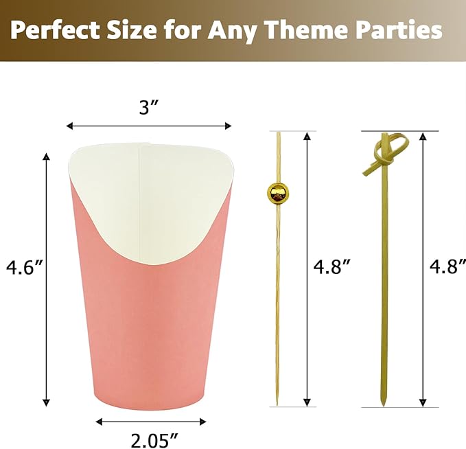 CAMKYDE 50 Charcuterie Cups + 200 Cocktail Picks + 56 Labels, 12 oz Disposable Charcuterie Cups with Sticks (2 Types), French Fry Cup Pink Paper Appetizer Cup for all Occasions (Pink)
