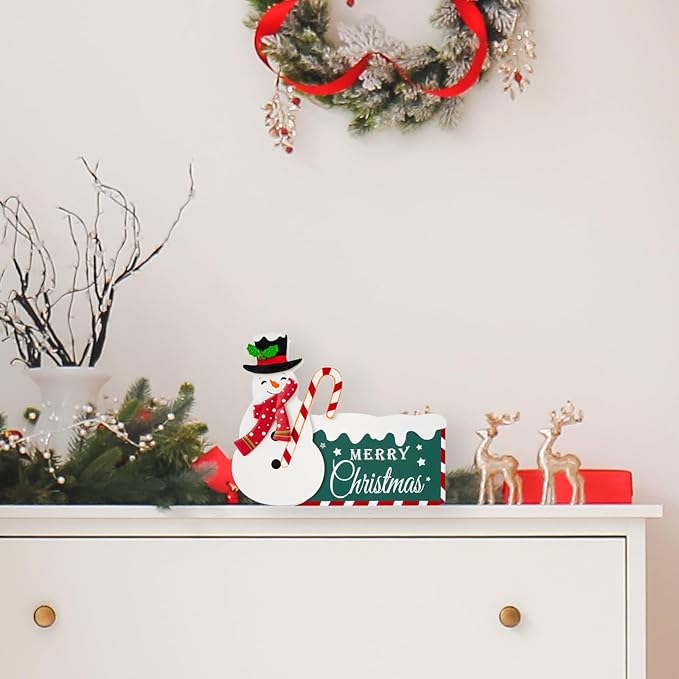 Christmas Decorations for Home Farmhouse Snowman Decor Indoor Wooden Merry Christmas Sign Rustic Winter Vintage Holiday Block Tabletop for Kitchen Xmas Party Mantel Tiered Tray Gift